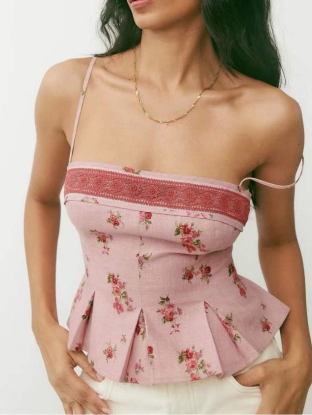 Reformation Meryl Linen Tea Time Pink Floral Lace-Trim Camisole Peplum Top